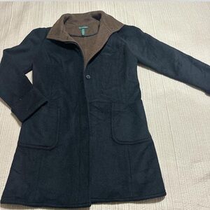 Ralph Lauren Black Trench Coat with Brown Collar winter fashion Wool blend